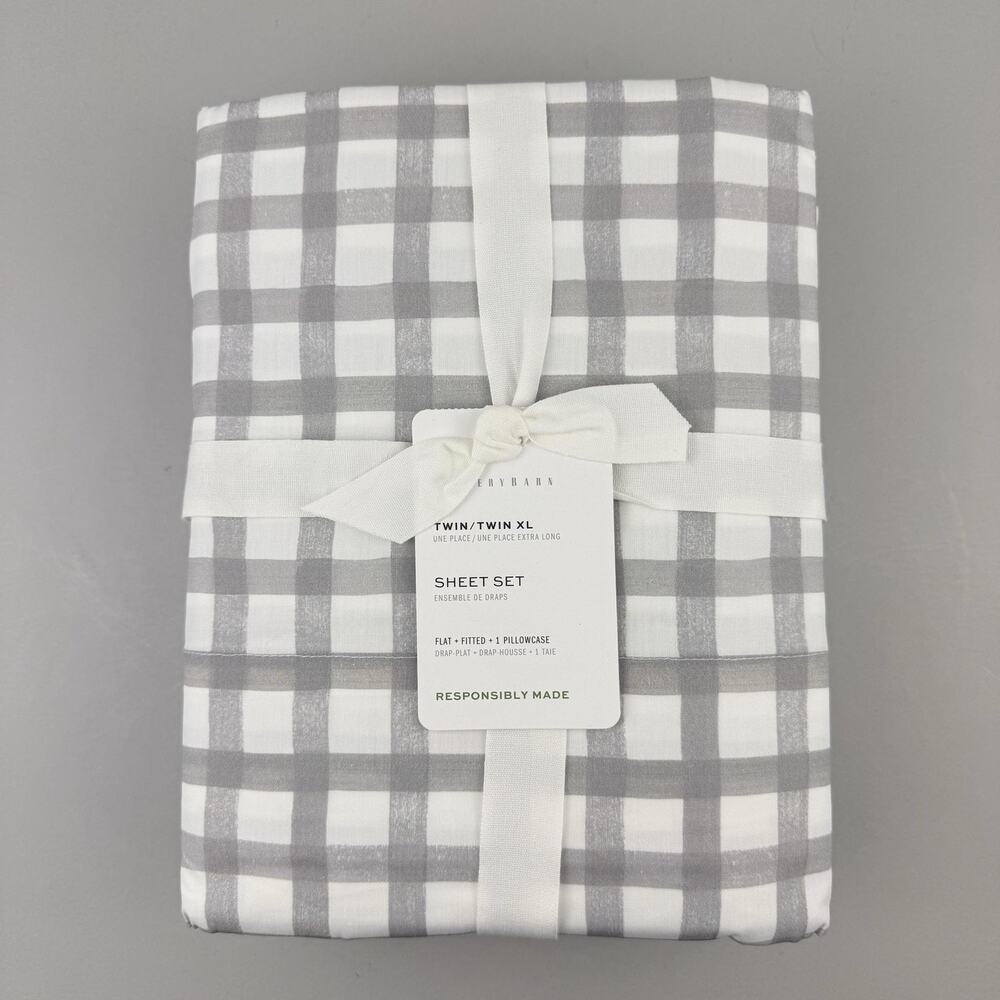 Pottery Barn Sheet Set TWIN/TWIN XL Kipton Plaid Gray Check Cotton Bedding NEW